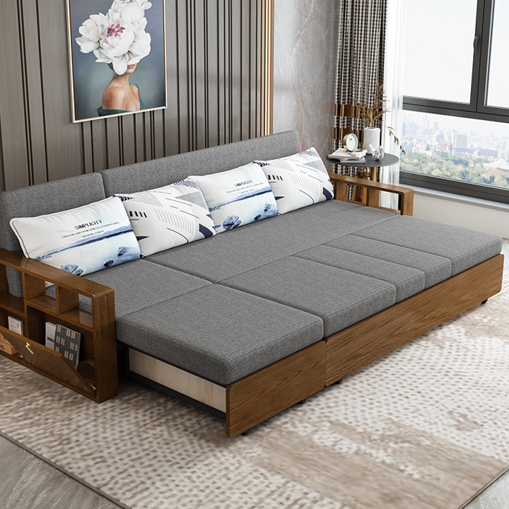 Sofa giường tay gỗ cao cấp top427, giường ngủ sofa đa năng khung sắt phun sơn tĩnh điện