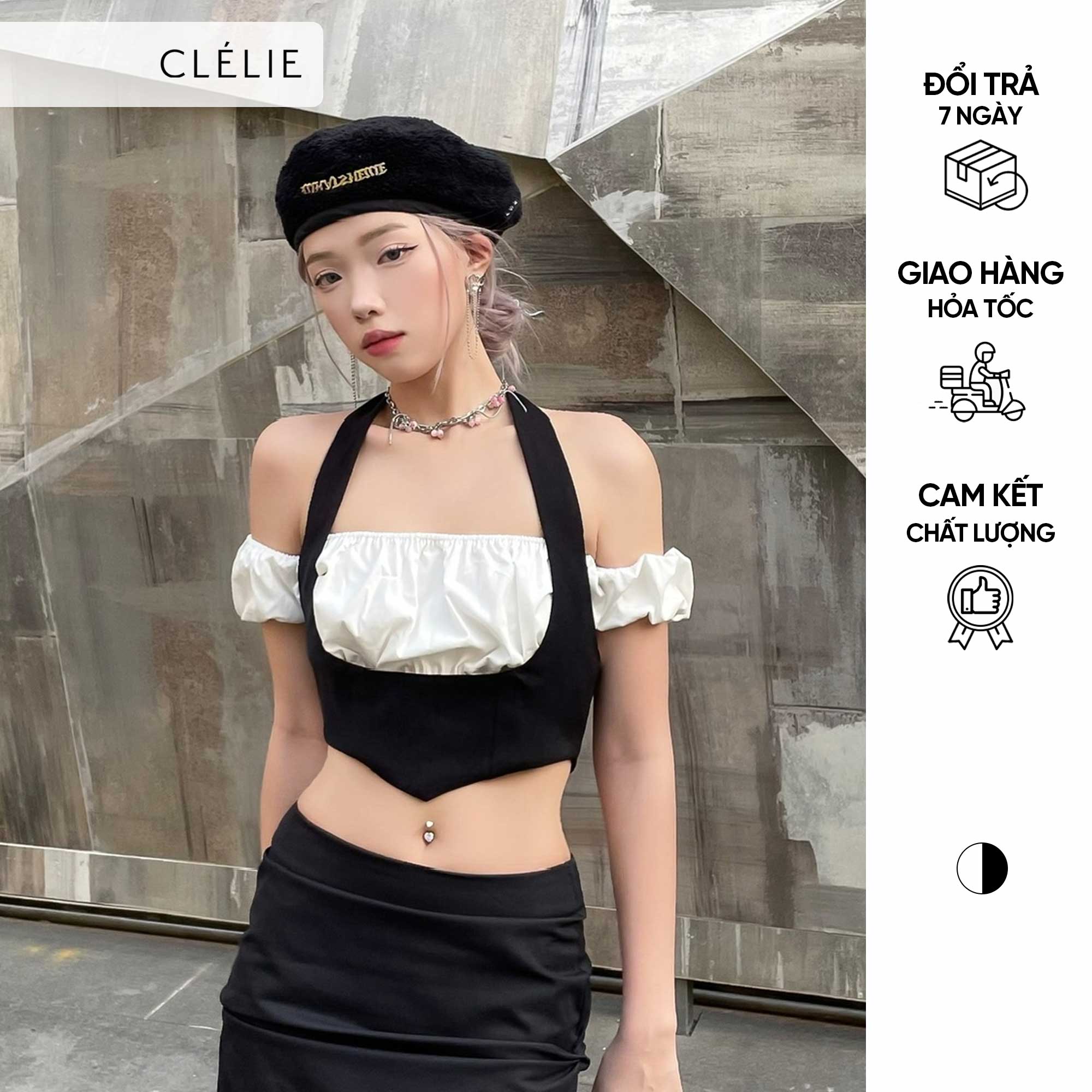5-7.5 MUA 3 GIẢM 15% Áo croptop cổ yếm kèm áo ống tay phồng LAYER TOP -