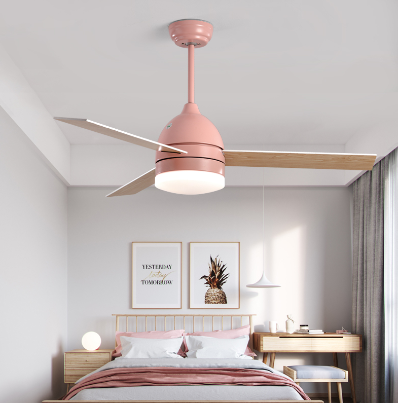 Đèn Quạt trần NORDIC FAN CHANDELIER, Quạt trần đèn phòng ngủ, nhà bếp [3 cánh gỗ 42, Bóng đèn led, Hồng] XH-668CH