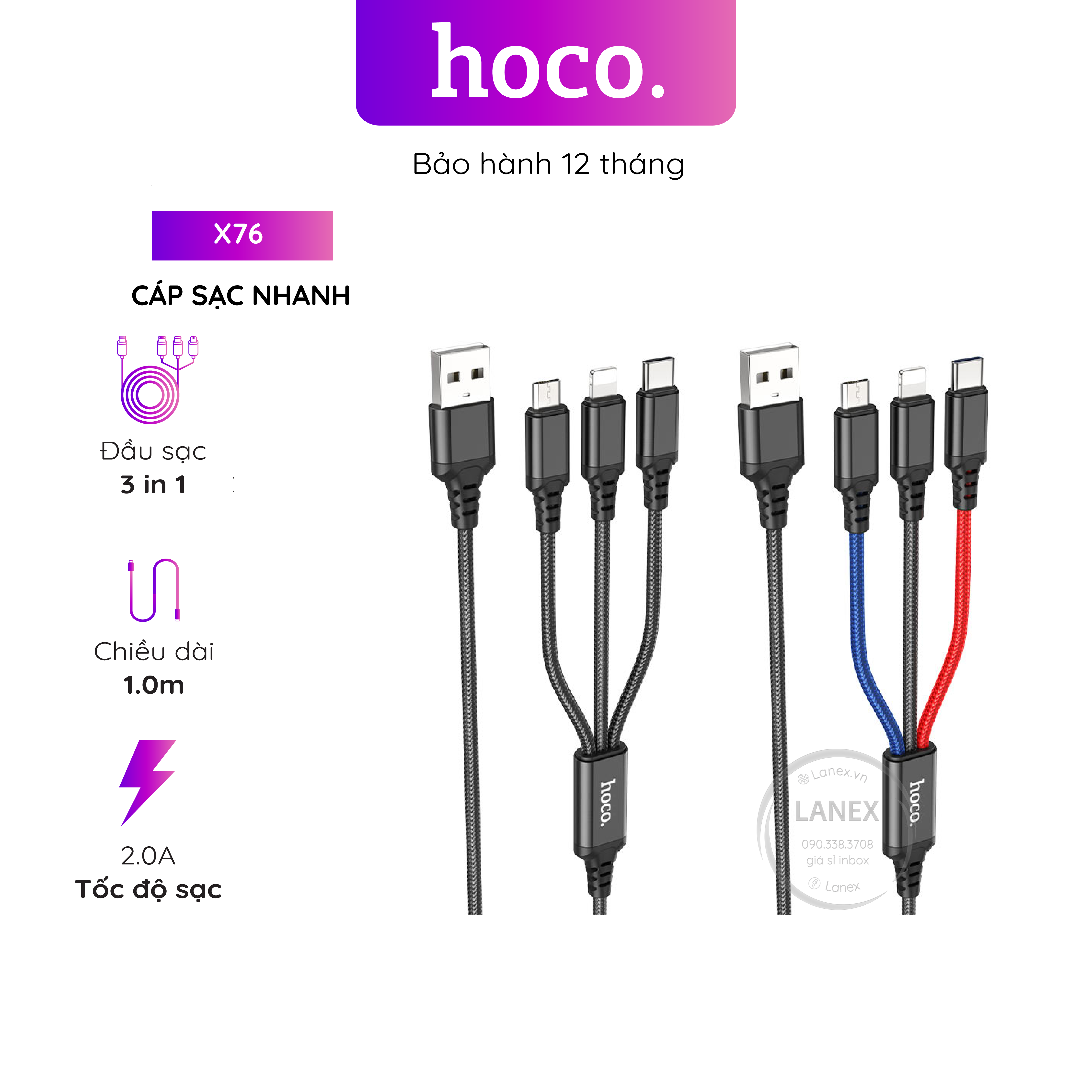 Cáp sạc nhanh hoco x76 nylon 2.0a 3 in 1 dài 1.0m