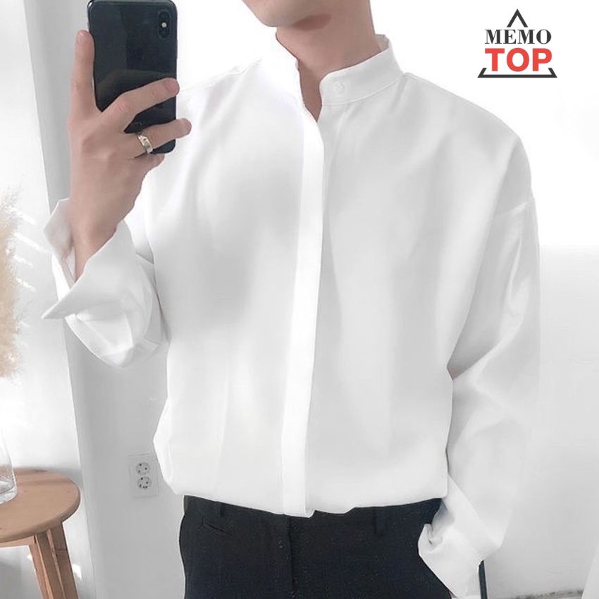 Áo sơ mi nam form rộng dài tay hàn quốc cổ trụ giấu cúc chất lụa mát chống nhăn trắng đen đẹp MEMOTOP MM24