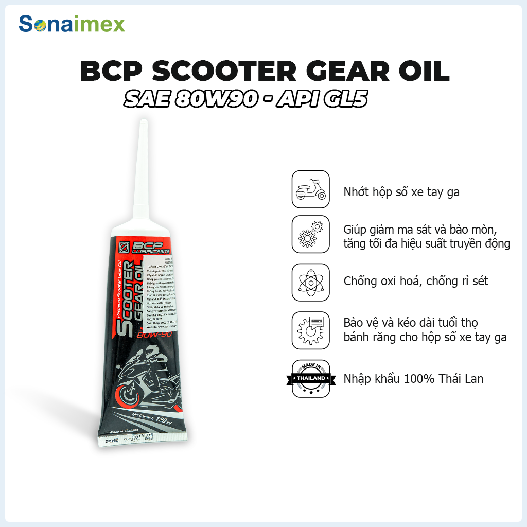 Nhớt hộp số xe tay ga (nhớt láp) BCP Thái Lan Scooter Gear Oil SAE 80W90, API GL-5 tuýp 120 mL - Dầu