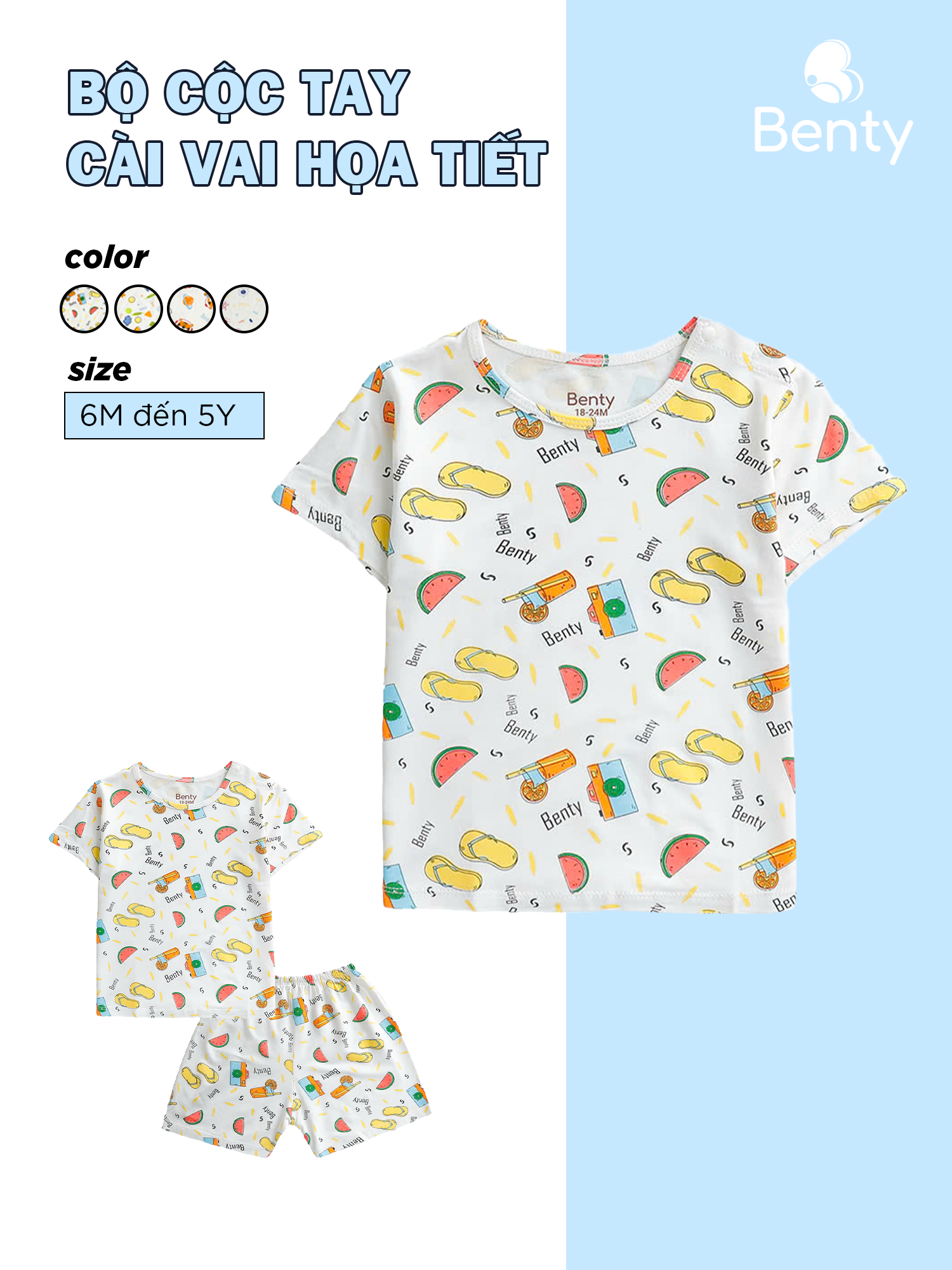  Bộ cộc tay cài vai full họa tiết mới BENTY chất cao cấp mềm mịn mát đồ bộ cho bé mặc đi chơi 