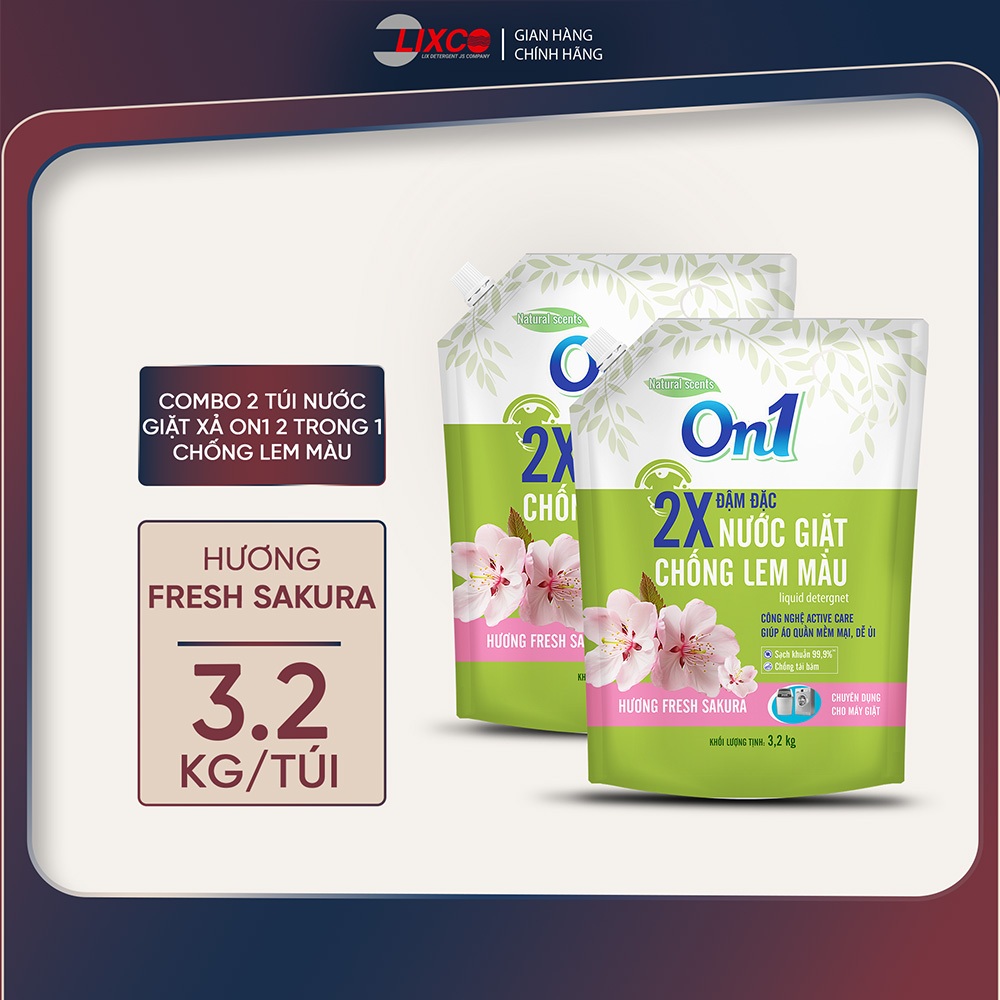 Combo 2 túi nước giặt xả On1 3,2kg chống lem màu Fresh Sakura 20602- Giặt giũ quần áo dùng cho cả giặt tay giặt máy hương thơm ngào ngạt