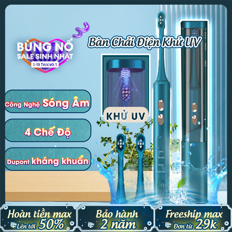 Bàn chải điện đánh răng công nghệ sóng âm khử trùng uv lông dupont mềm mại chải sạch sâu mảng bám 4 chế độ - automatik