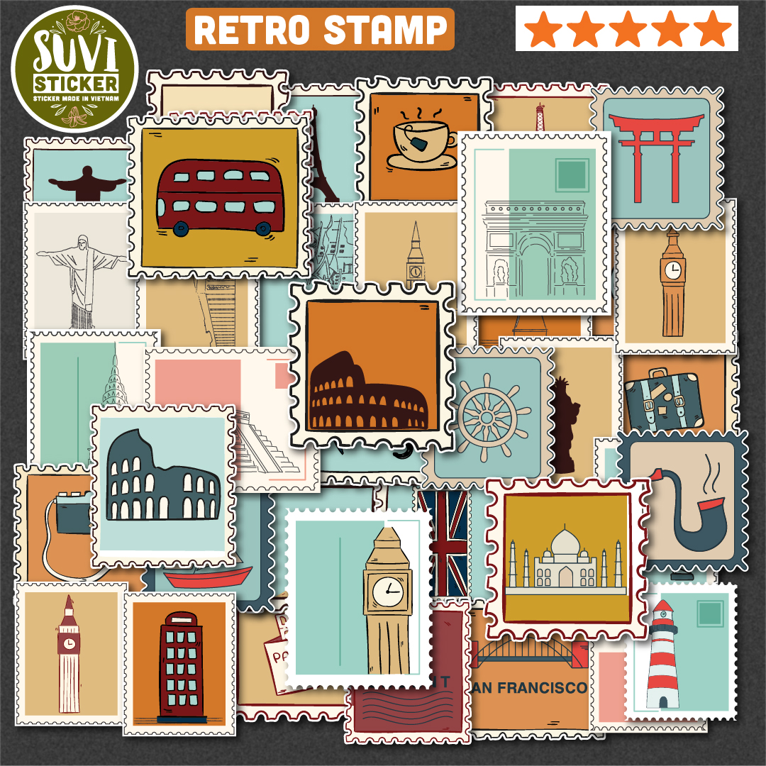 Sticker Retro Stamp chống nước dán laptop, điện thoại, đàn guitar, mũ bảo hiểm, vali