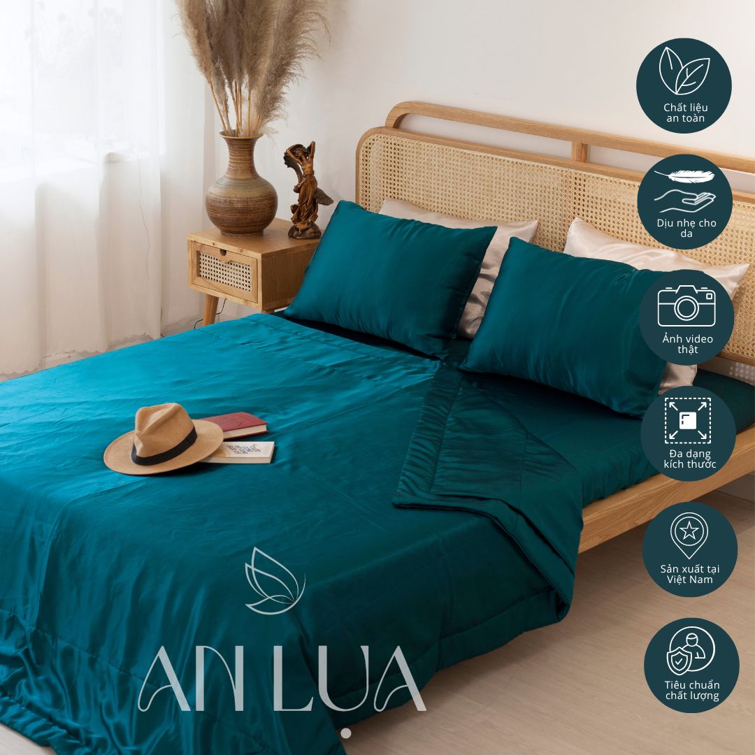 Bộ chăn drap 5 món An Lụa vải lụa mịn mát và thân thiện cho da - Xanh cổ vịt