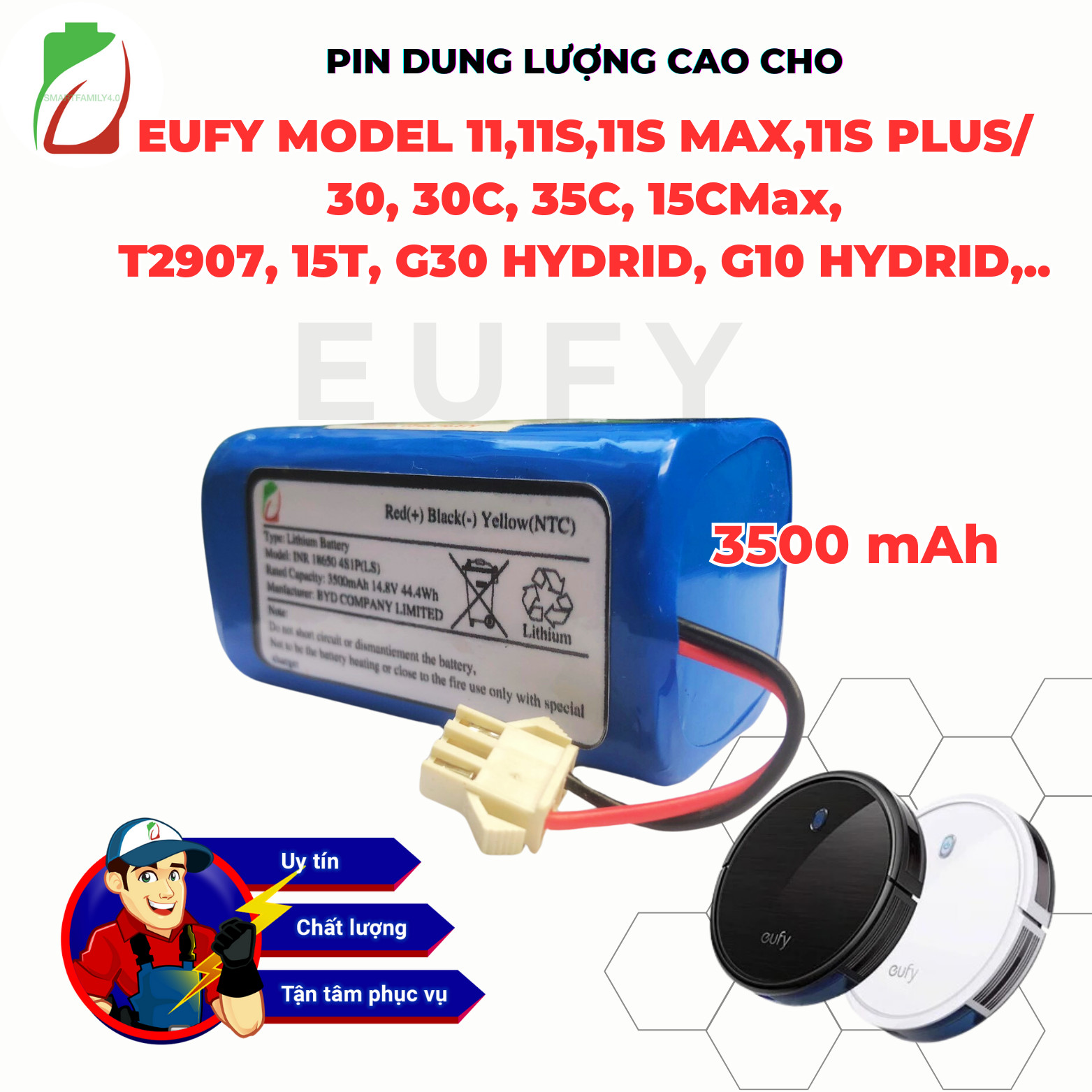 PIN LG 3500MAH (CHÍNH HÃNG- BẢO HÀNH 6 THÁNG) NÂNG CẤP CHO PIN ROBOT HÚT BỤI ROBOVAC EUFY  30/30c/ /30Max/35C/15C Mã/11/11S/11S MAX/11S PLUS (PIN GỐC 2500mAh