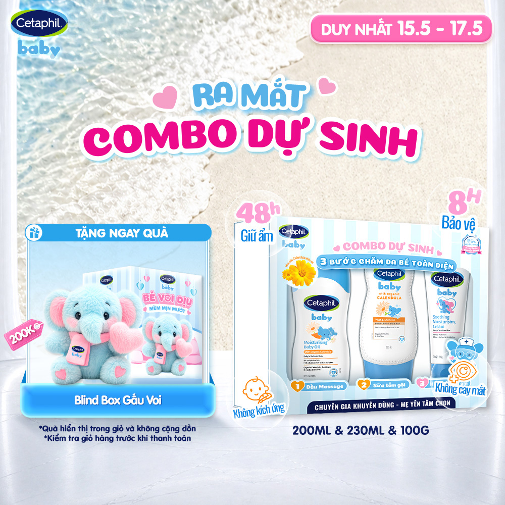 Combo dự sinh 3 bước chăm sóc da bé toàn diện Dầu Massage 200ML + Sữa tắm gội 230ML + Kem dưỡng ẩm 100G Cetaphil Baby
