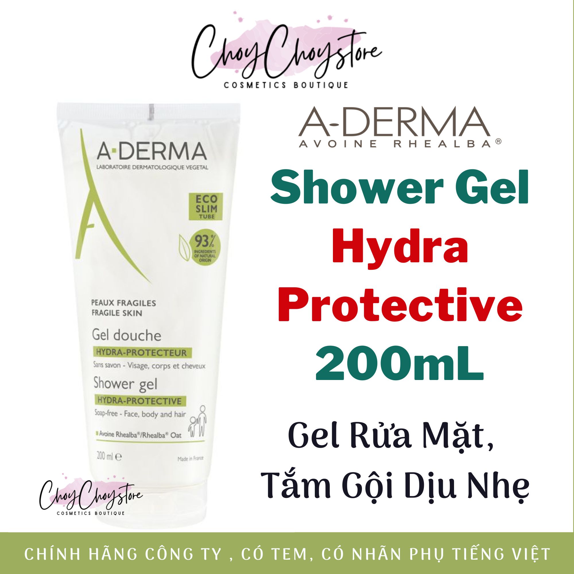 Sữa Rửa Mặt, Tắm Gội Aderma Shower Gel Hydra Protective 200mL Gel A-Derma Dịu Nhẹ Cho Da (Tem DKSH)