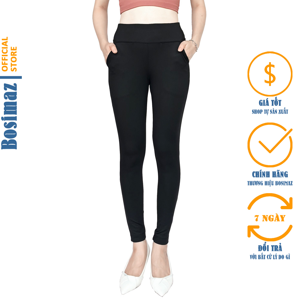 Quần Legging Nữ Bosimaz MS111 dài túi trước màu đen cao cấp, thun co giãn 4 chiều, vải đẹp dày, thoáng mát không xù lông.