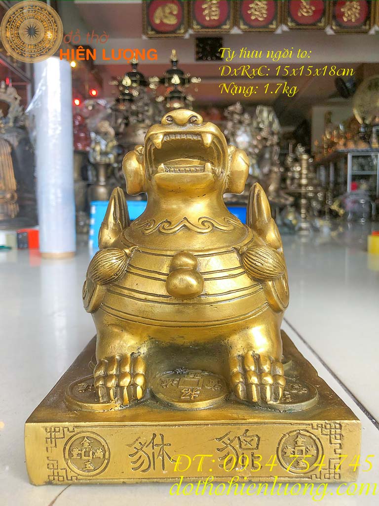 Tỳ Hưu Ngồi Bệ Bằng Đồng Để Két Cỡ To DxRxC: 15x15x18cm Nặng 1,7kg