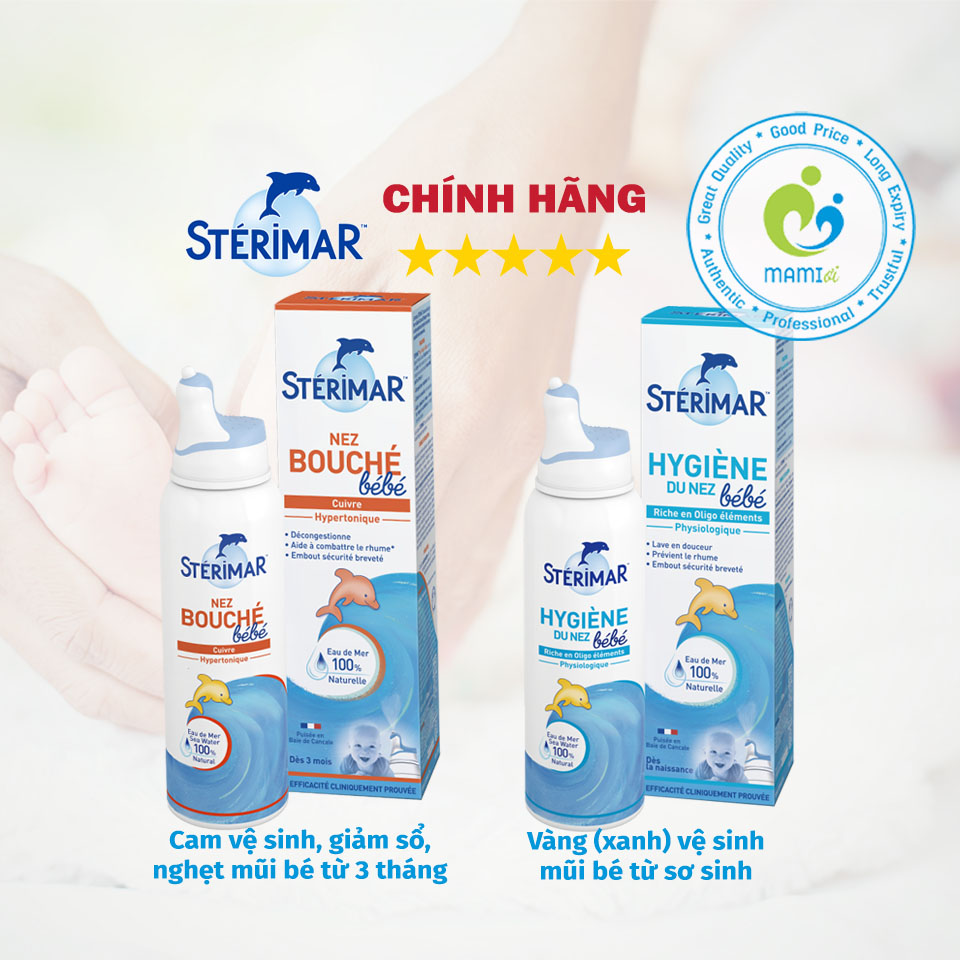 Xịt muối biển cá heo vàng hoặc cá heo cam (100ml) vệ sinh, kháng viêm mũi cho bé 0-3 tuổi Stérimar, Pháp