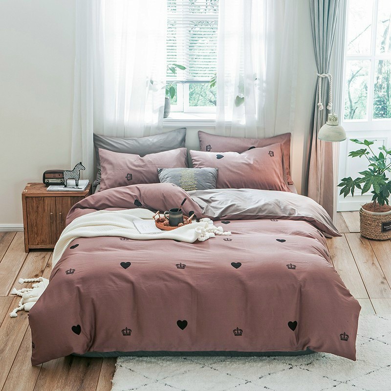 Bộ chăn ga gối tim hồng nhỏ cotton poly bộ chăn ga gối nệm dùng 4 mùa nhiều kích thước gồm 1 ga, 1 vỏ chăn, 02 vỏ gối