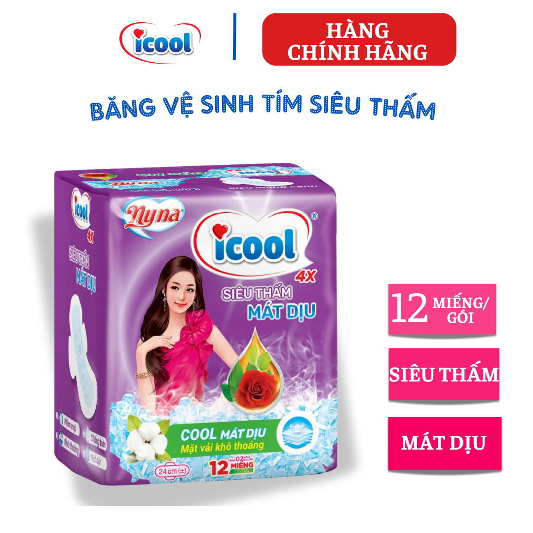 {Hàng chính hãng} Băng vệ sinh ICOOL Siêu Thấm Tím 12 miếng, BVS ban ngày 24cm, có cánh, MẶT LƯỚI khô thoáng, kháng khuẩn, khử mùi, BẠC HÀ MÁT DỊU.
