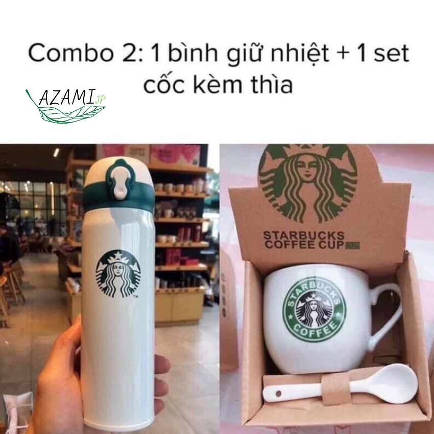 Combo Bình Giữ Nhiệt Starbuck và Cốc Sứ Kèm Muỗng, inox 304 Cao Cấp Giữ Nhiệt Cực Tốt , Hàng Loại 1 AZAMI JP