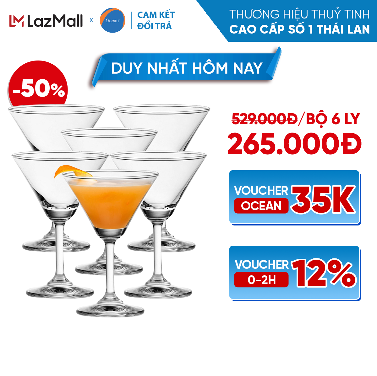 [Cam Kết Đổi Trả Nếu Vỡ] Bộ 6 Ly/Cốc Rượu Thủy Tinh - Ocean Classic Cocktail 140ml - Chính Hãng