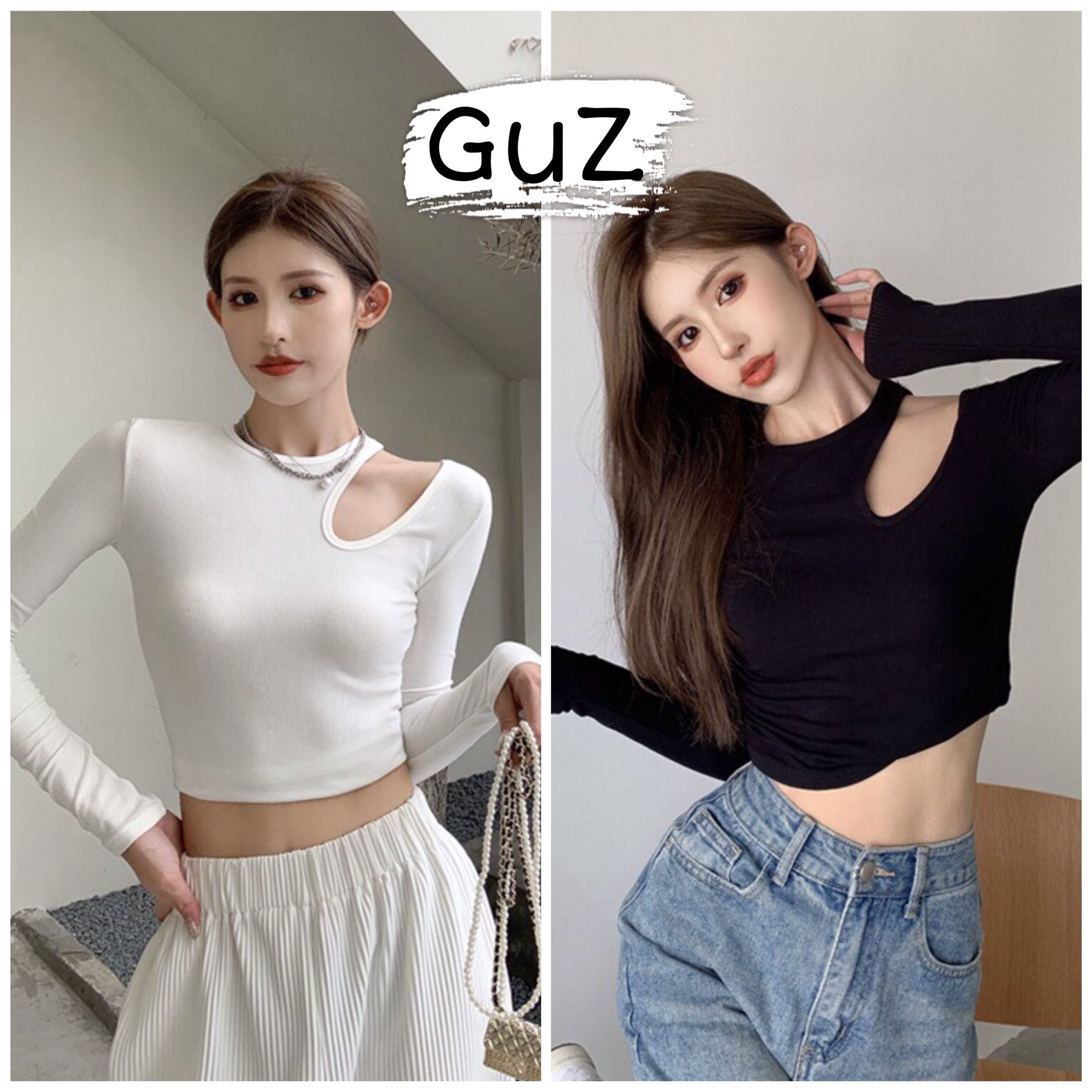 Áo thun cổ tròn khoét vai 1 bên dáng ôm body trẻ trung cá tính guzfashion