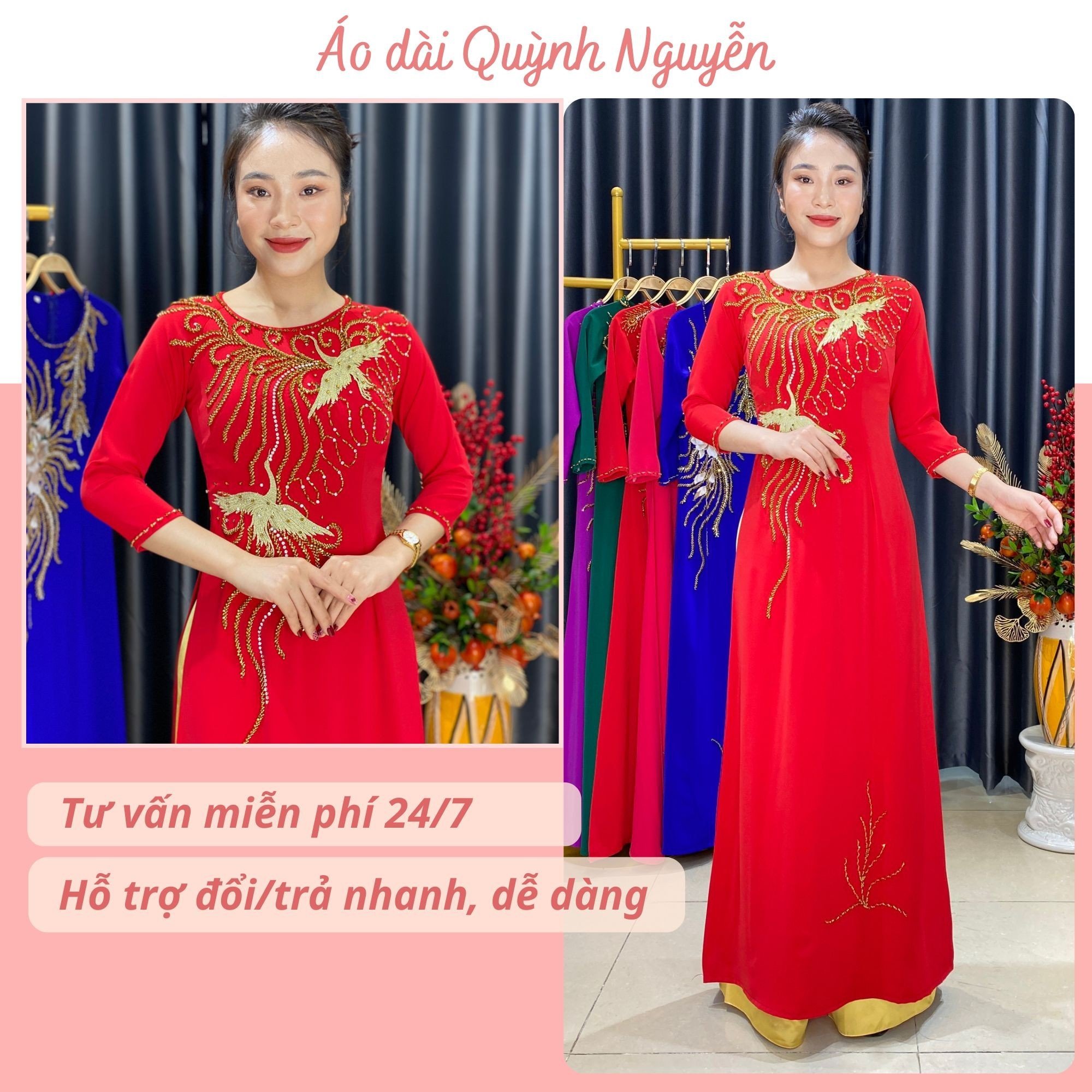 Áo dài, áo dài lụa mỹ kết đá pha lê thủ công cổ truyền thống MÃ D58