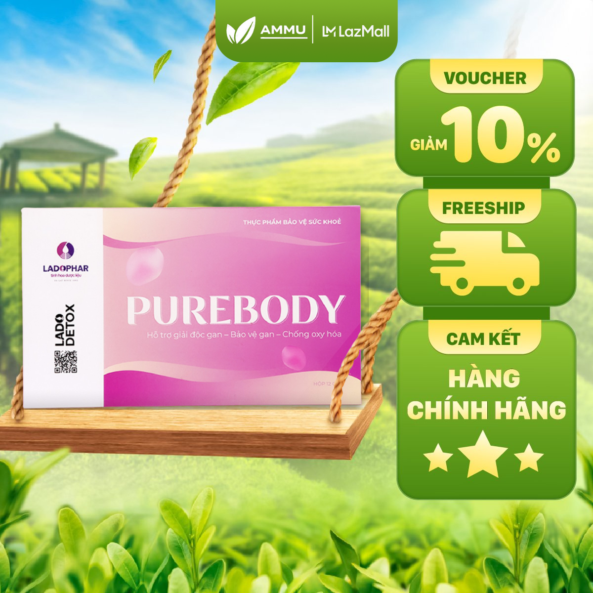 Nước uống hỗ trợ giảm mụn LADOPHAR Lado Detox Purebody giúp giải độc gan, hạ men gan nội tiết tố Hộp 12 gói