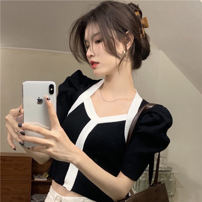 Áo Dệt Kim Nữ Màu Đen Đỏ Trắng Xanh Chất Len Mongtoghi Ngắn Tay Cổ Tim Tay Bồng Tiểu Thư Viền Phối Màu Style Hàn Quốci