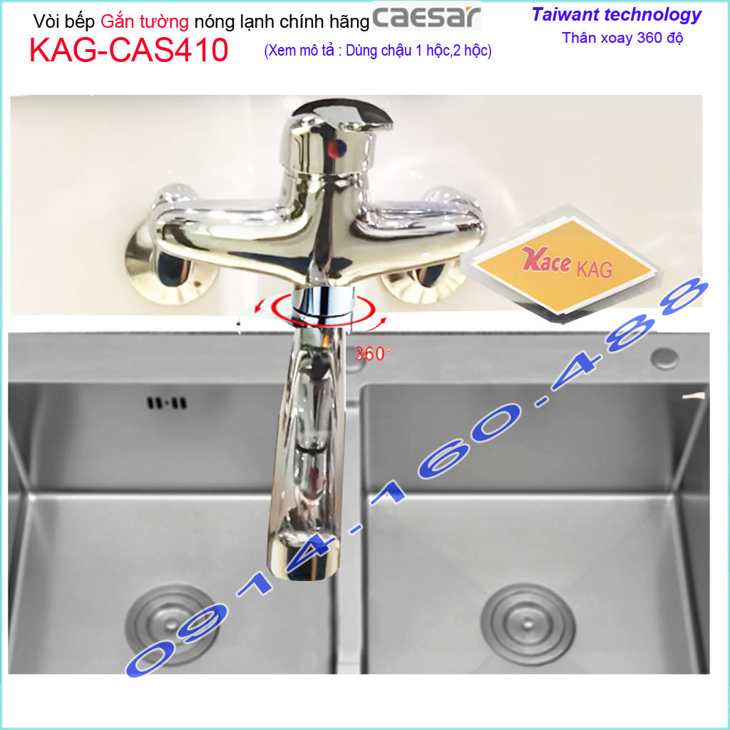 Vòi bếp nóng lạnh Caesar KAG-CAS410 cần cao xoay 360 độ, Vòi bồn tắm gắn tường thiết kế đẹp nước mạnh màu chrome bóng chất lượng tốt sử dụng siêu bền