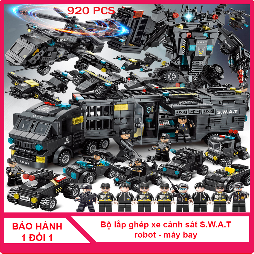 Đồ chơi lắp ghép xe cảnh sát S.W.AT children store 920 chi tiết, lắp ráp robot, máy bay trực thăng, lắp ráp 51 tạo hình khác nhau, chất liệu cao cấp, đồ chơi lê go, le go cho bé trai giúp bé phát triển tư duy