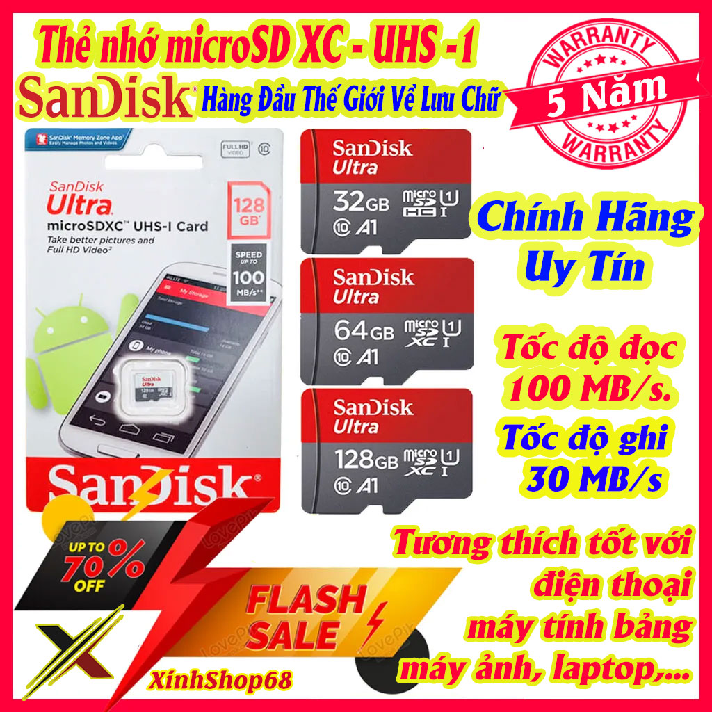 Thẻ nhớ MicroSDXC SanDisk Ultra A1 32GB/ 64GB/ 128GB Class 10 100MB/s.Chuyên Dụng Cho Tất Cả Thiết Bị Điện Tử Như Camera Wifi Camera Hành Trình Điện Thoại Thiết Bị Điện Tử