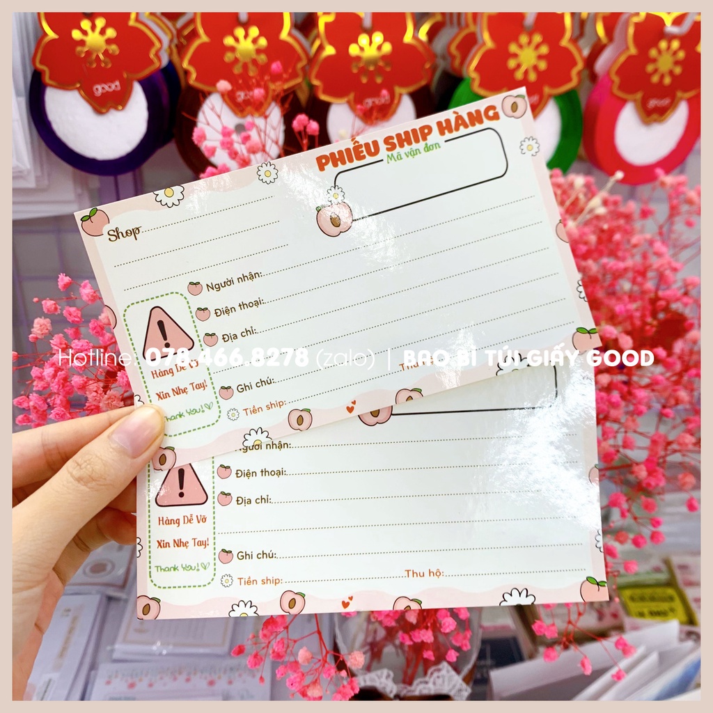 Phiếu ship hàng decal có keo dán TRÁI ĐÀO dễ thương 13.5x8cm