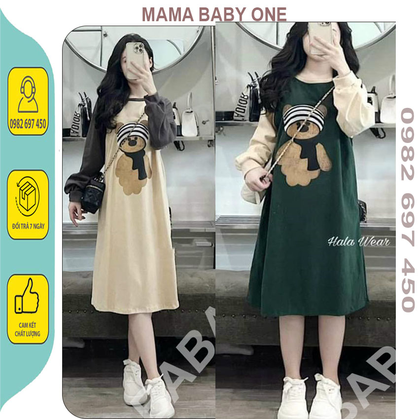 Váy đầm bầu thu đông dáng dài - đầm bầu hình gấu cute dài tay fresize bầu và không bầu bon chen mặc đẹp