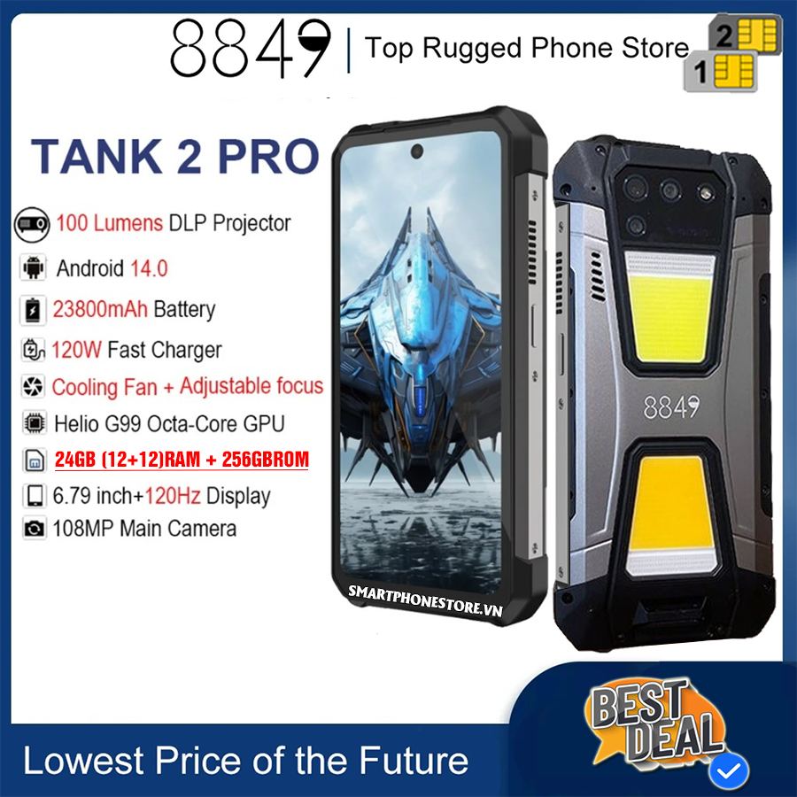Điện thoại Máy chiếu 8849 Unihertz Tank 2 PRO (Màn hình 6,79 inch, 2.4K,Ram 24Gb(12 + 12GB),rom 512Gb,camera 100MP,Pin 23800mAh)