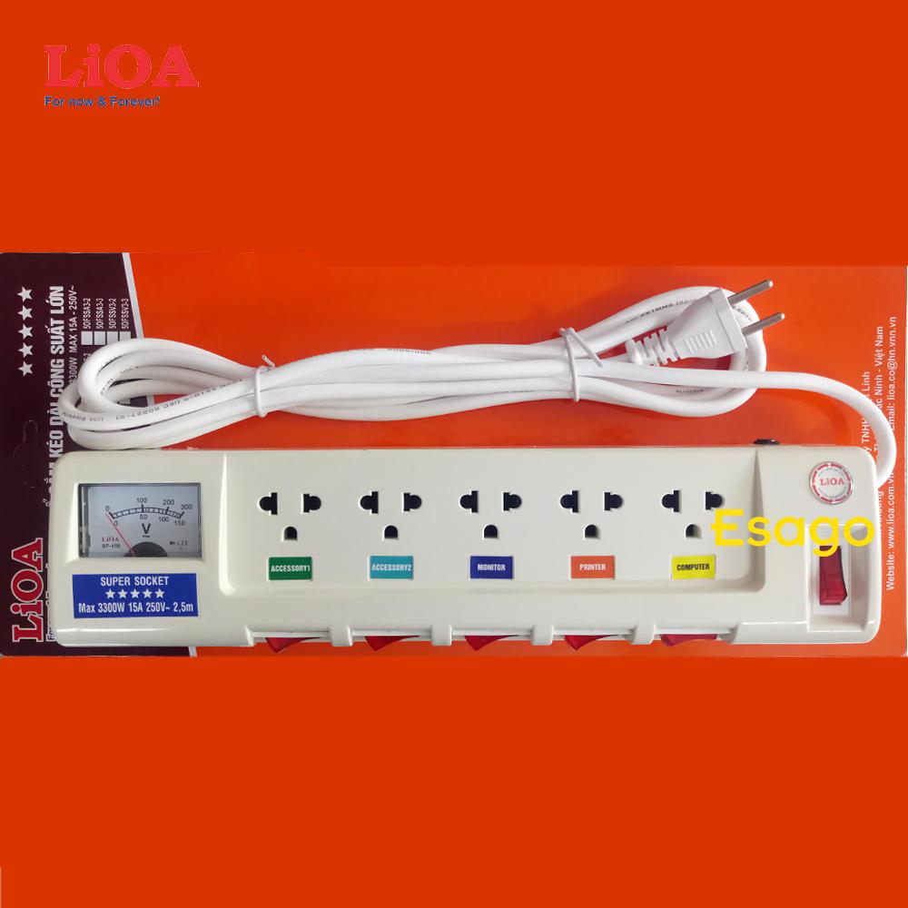 Ổ cắm điện công suất lớn LIOA 5 ổ cắm có đồng hồ báo điện áp - Dòng cao cấp