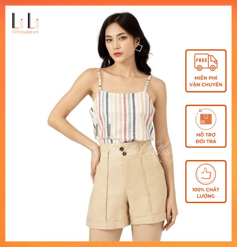 Quần Short Nữ Ống Rộng Cúc Chéo Gập Gấp Cạp Cao Vân Chỉ Xẻ Nổi Phong Cách Thanh Lịch Mùa Hè Trẻ Trung - LiLi - Thời trang Linen