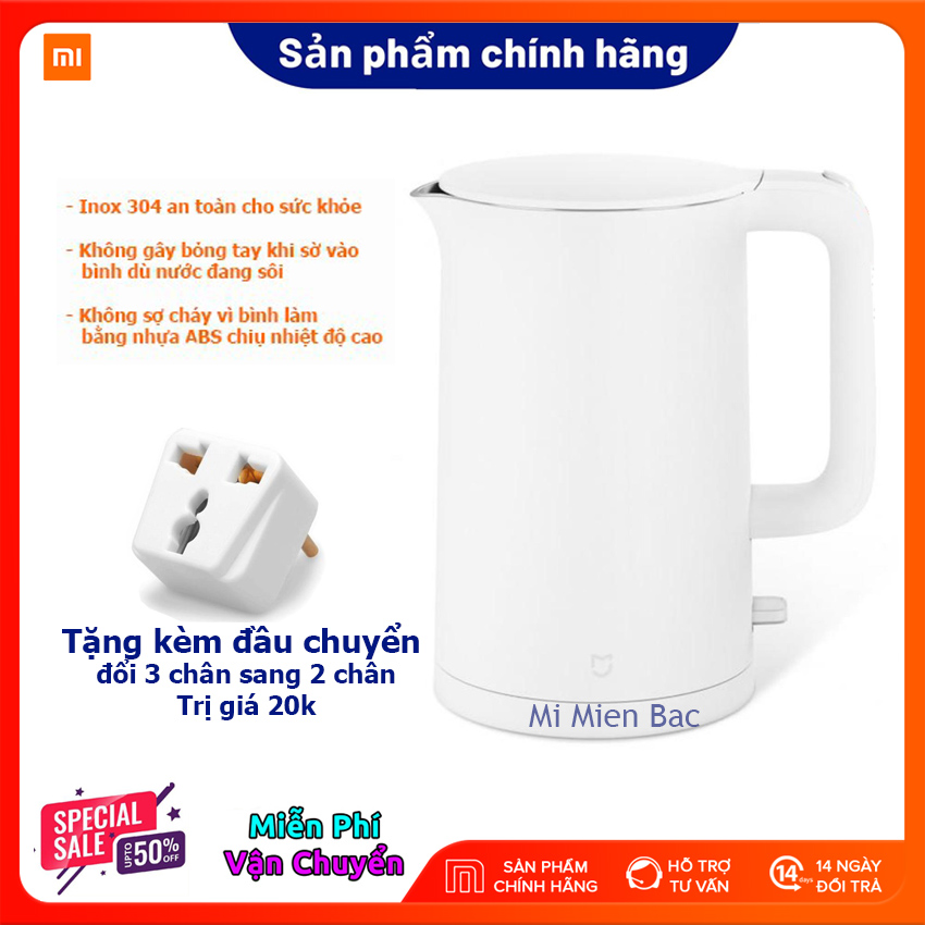 [TẶNG Ổ CHUYỂN 2 CHẤU] Ấm đun nước Mijia 1A, Bình đun nước Xiaomi, Bình siêu tốc Xiaomi Inox 304 cao cấp dung tích 1.5l 1800w, Hàng chính hãng – Bảo hành 12 tháng – Mi Miền Bắc