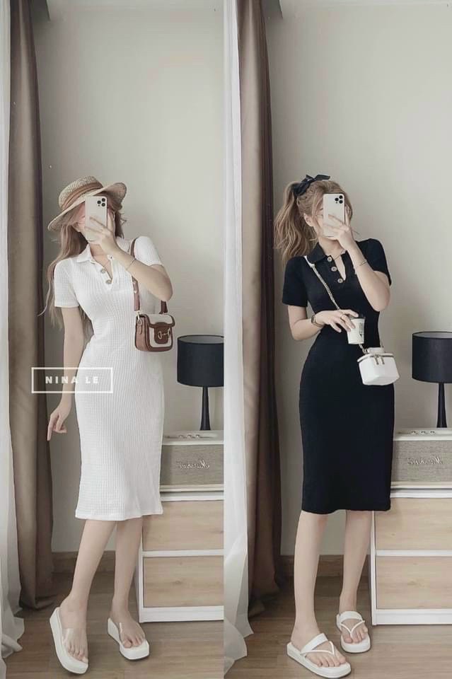 Váy đầm nữ dáng ôm cổ sơ mi tay ngắn, đầm polo nữ cổ bẻ đính nút, đầm cổ sơ mi dáng ôm body, váy ôm body chất thun kim cương như hình chuẩn shop
