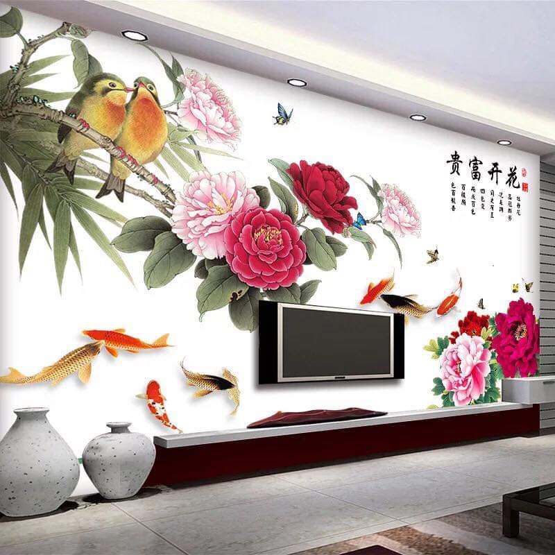 Tranh dán tường Decal dán tường Hoa mẫu đơn 3D SIÊU TO Tranh dán tường hoa mẫu đơn đỏ bông to 2 mảnh chim cá gồm chim cá