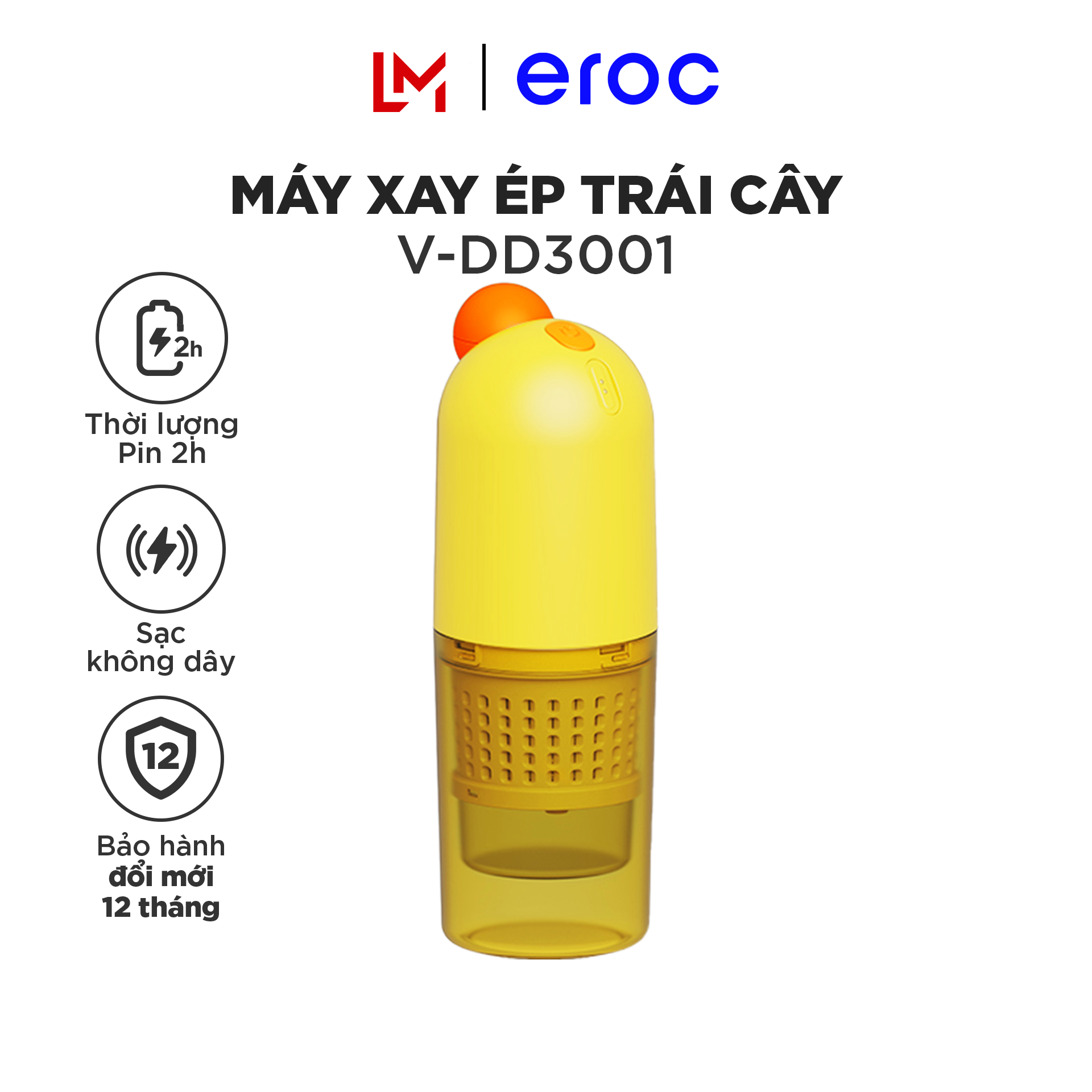 Máy Ép Sạc Pin Cầm Tay Juice Exreactor Eroc V-DD3001 - (40W - 520Ml) [Dành Cho Dân Văn Phòng, Du Lịch, Cốc Xay Nhựa An Toàn] - Hàng Chính Hãng Bảo Hành 12 Tháng