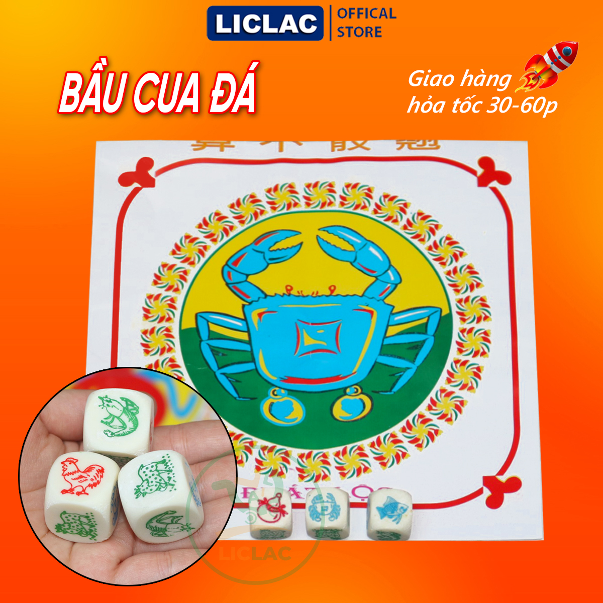 Bộ bầu cua tôm cá xúc xắc đá lớn, nhỏ gồm bàn + 3 hột lắc, trò chơi ngày tết cua cá cop, đồ chơi boardgame - liclac