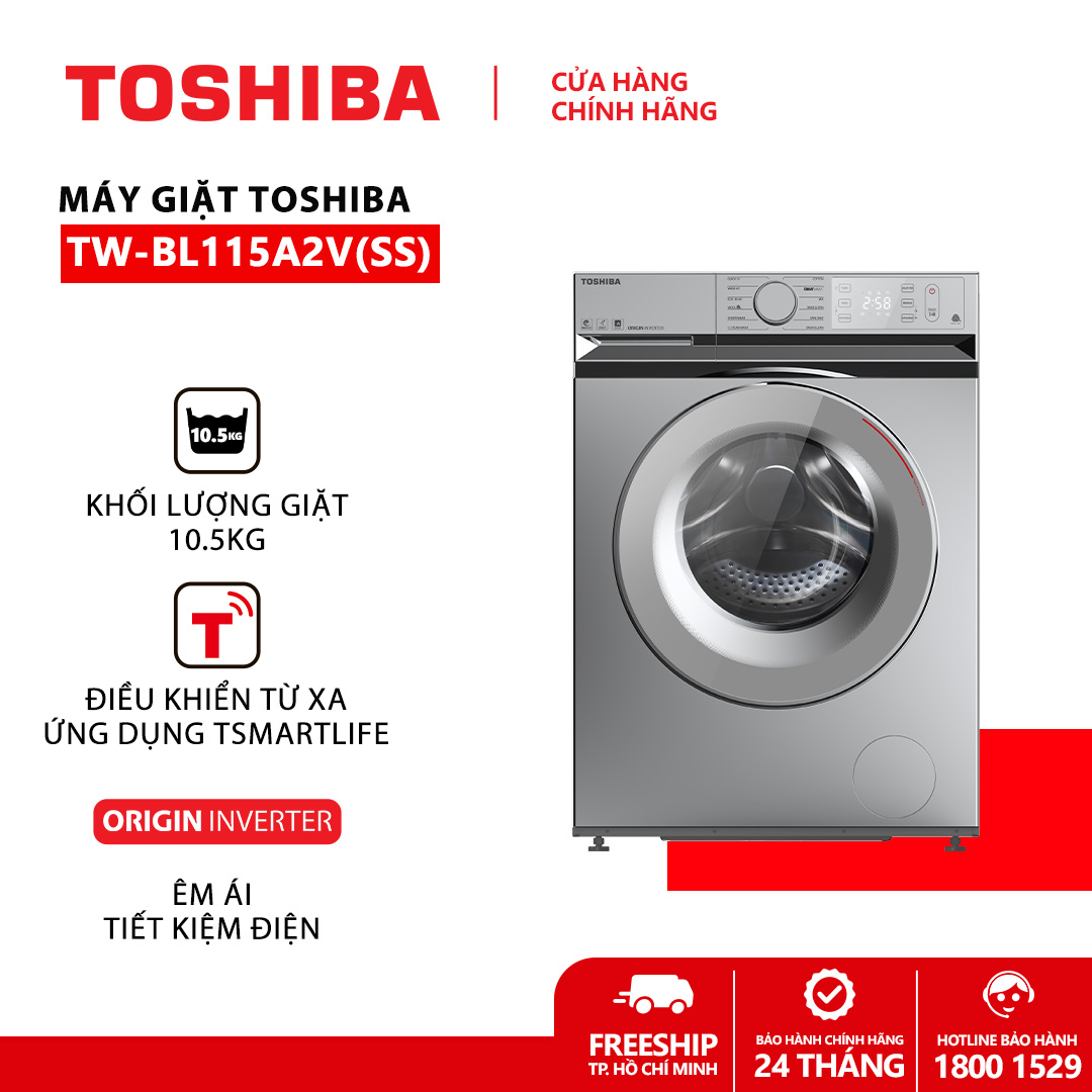 [FREE SHIP] Máy giặt Toshiba inverter 10.5 kg TW-BL115A2V(SS) - Hẹn giờ giặt kết thúc, Kết nối Wifi và điều khiển từ xa bằng điện thoại thông minh qua phần mềm TSmartLife - Hàng chính hãng bảo hành 2 năm