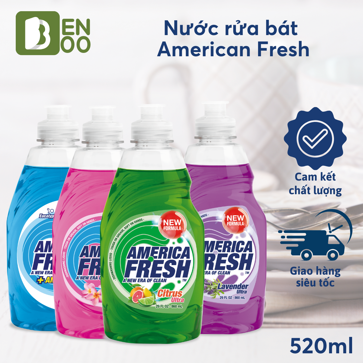 Nước rửa chén bát America Fresh 520ml Khử mùi tanh, đánh bay dầu mỡ mãng bám thức ăn thừa, an toàn cho da tay
