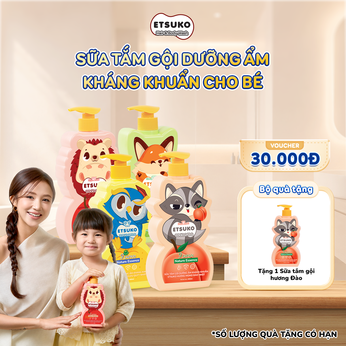[MUA 1 TẶNG 1] Sữa Tắm Gội ETSUKO 400ml Dưỡng Ẩm Dịu Nhẹ Kháng Khuẩn Bảo Vệ, An Toàn Cho Bé Từ 3 Tuổi Trở Lên.