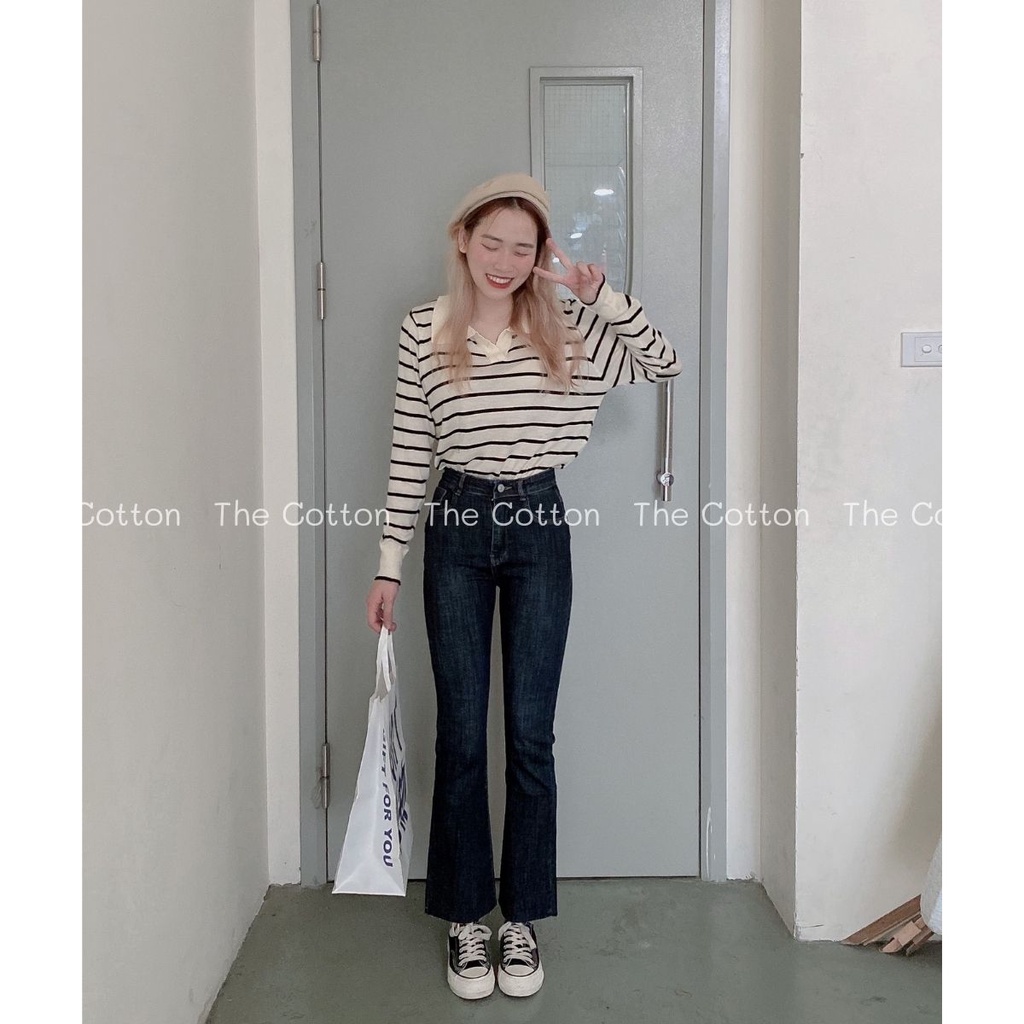 Quần Jeans Nữ Ống Loe Tím Than TheCotton Quần Jeans Cắt Gấu Lưng Cao