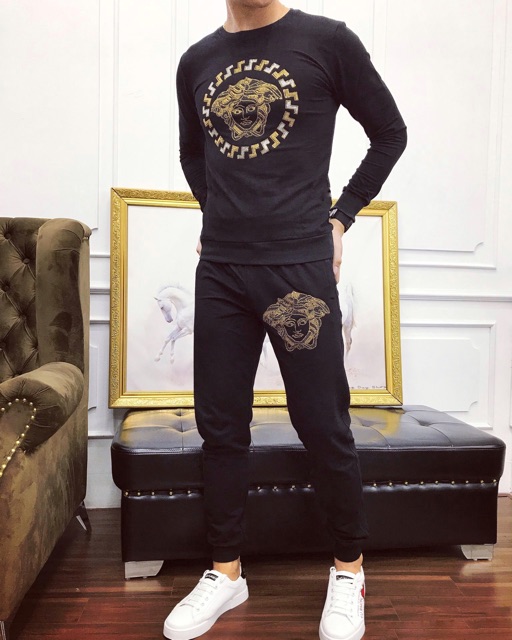 Bộ Quần Áo Thun Nỉ Nam Thu Đông, Áo Quần Dài Tay Thu Đông, Đồ Bộ Mùa Đông Chất Vải Nỉ Da Cá Dày Dặn Giữ Ấm Cho Mùa Đông Logo Tròn Đính Đá