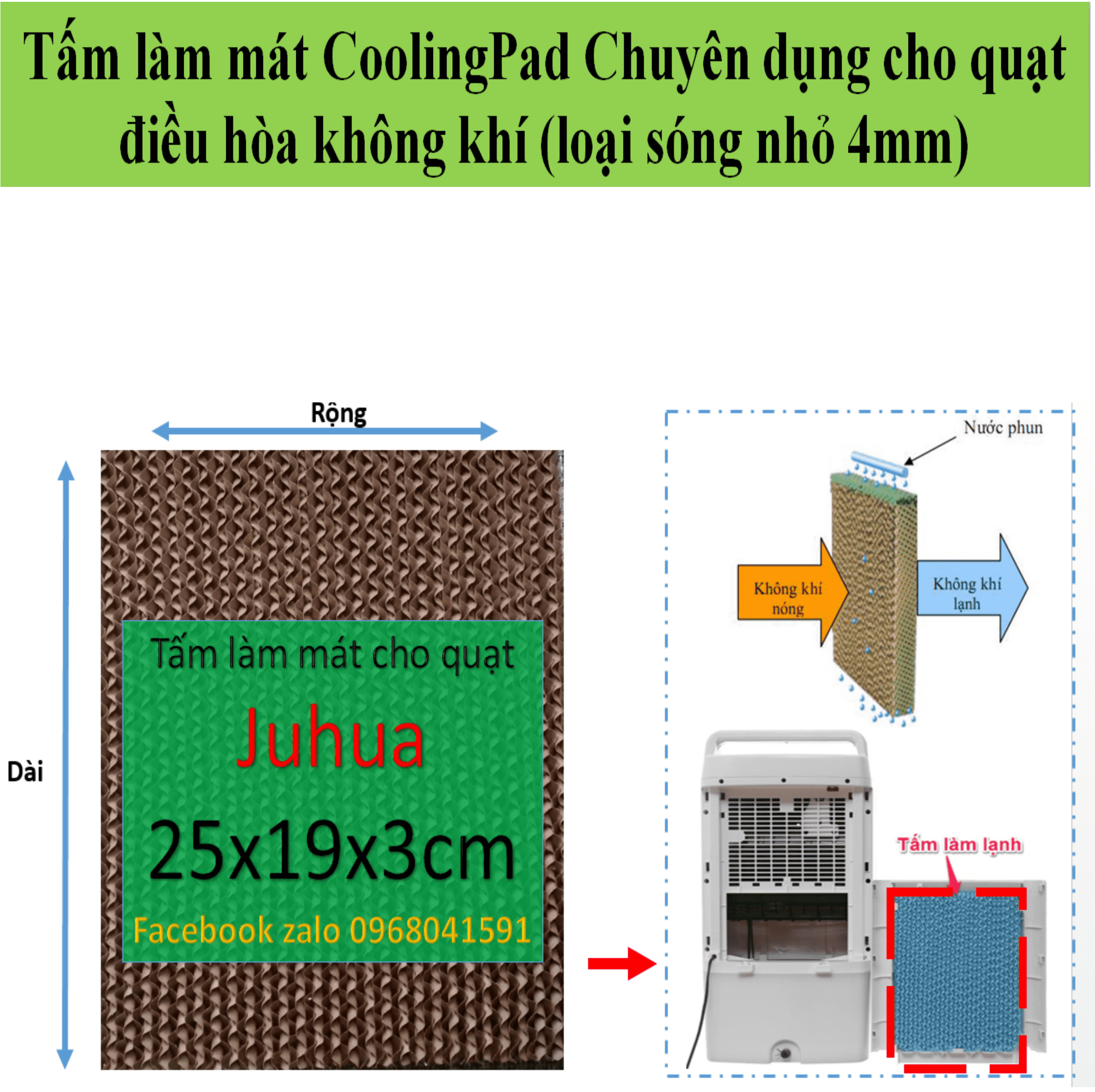 Tấm làm mát Cooling Pad cho quạt hơi nước Juhua kích thuocs 25x19x3cm (Loại tấm sóng nhỏ 4mm)