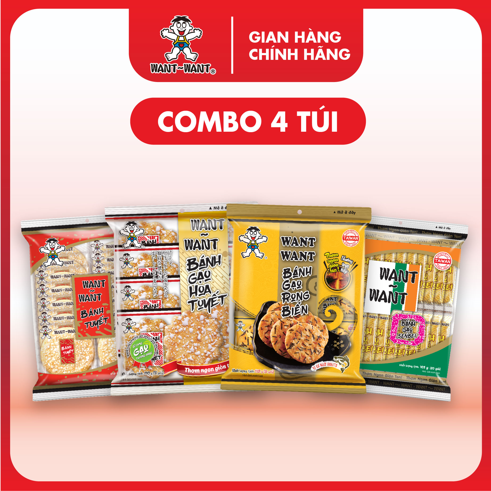  Combo 4 Gói Bánh Gạo Want Want Nhiều Vị Giòn Ngon Tiện Lợi 