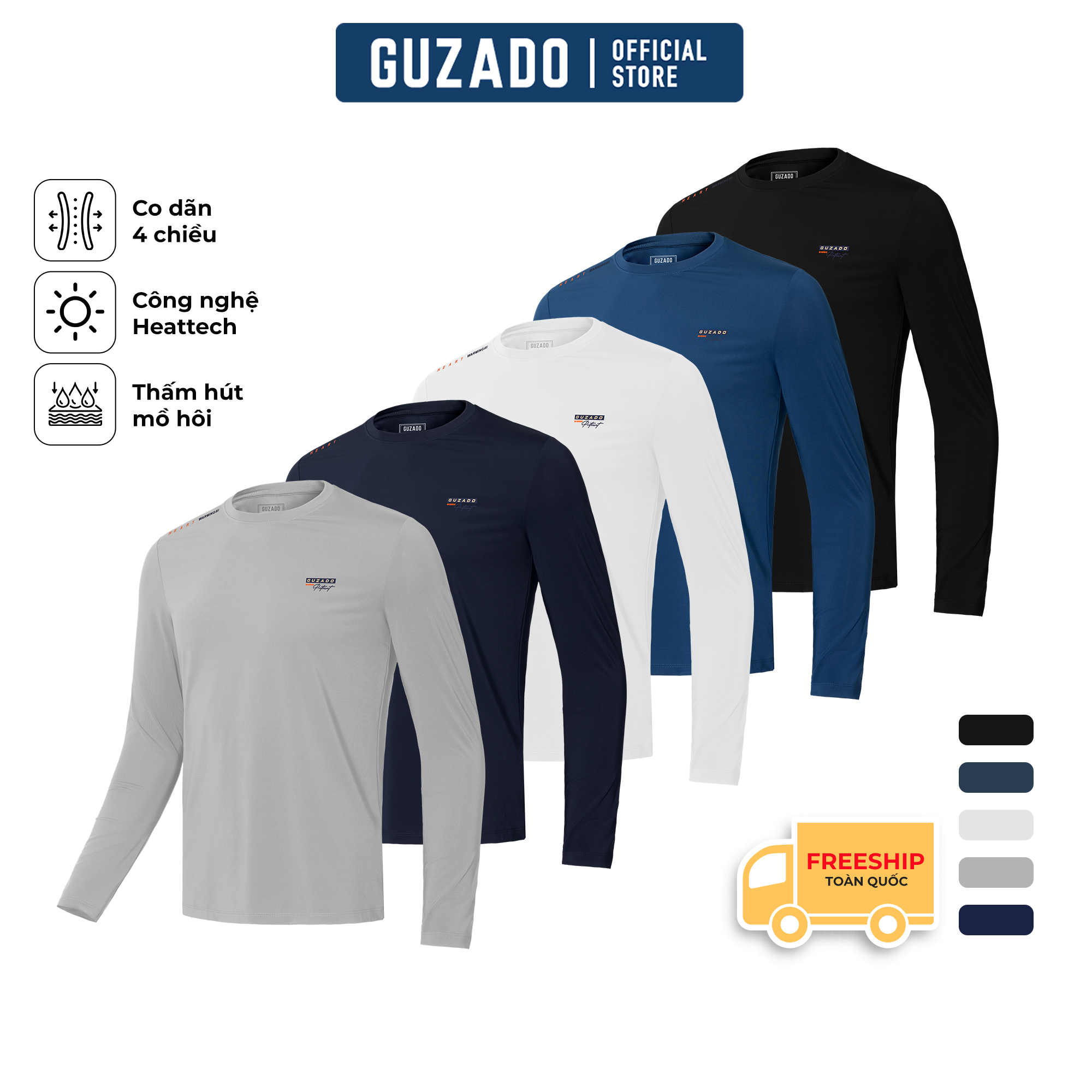 Áo Thun Thể Thao Dài Tay GUZADO Chất Thun Mềm Mịn, Co Giãn, Phối Màu Trẻ Trung Năng Động Với 8 Màu Basic GDT02