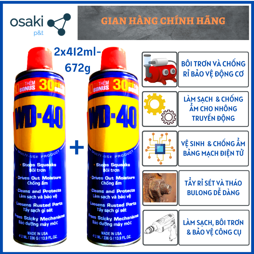 (COMBO 2 CHAI) Chai Xịt Chống Rỉ Bôi Trơn Chống Ẩm Đa Năng WD40 WD-40 2x412ml  (2x336g)