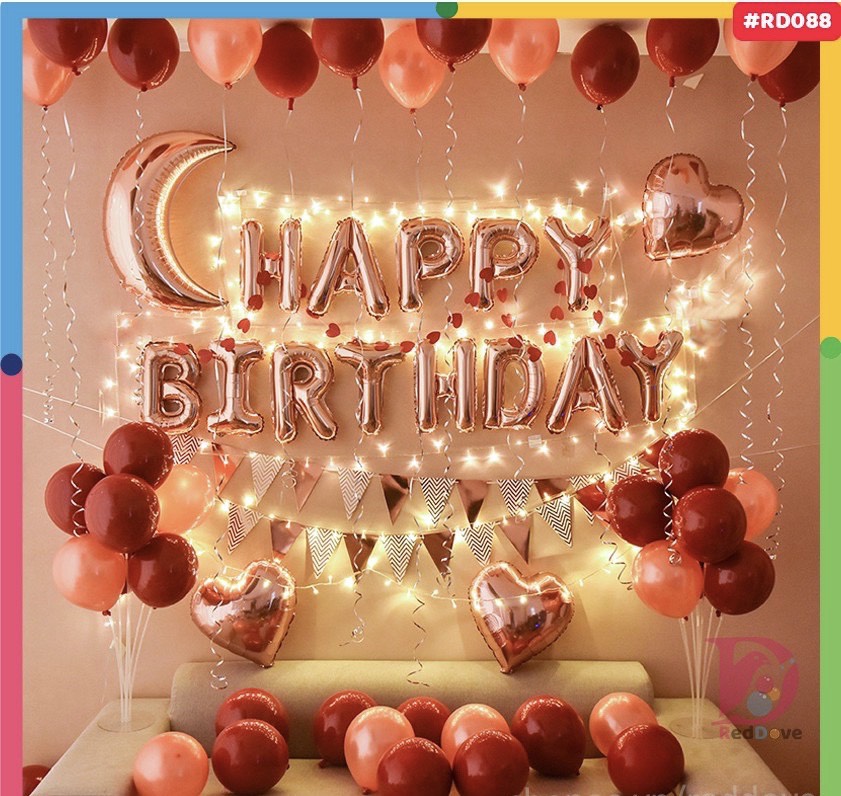 (Kèm đèn light 5m)Set trang trí sinh nhật tone đỏ hồng gold. 50 bóng nhũ mix màu đỏ đậm+hồng gold (20 bóng đỏ+30 bóng hồng gold bóng loại 1 hàng đẹp)