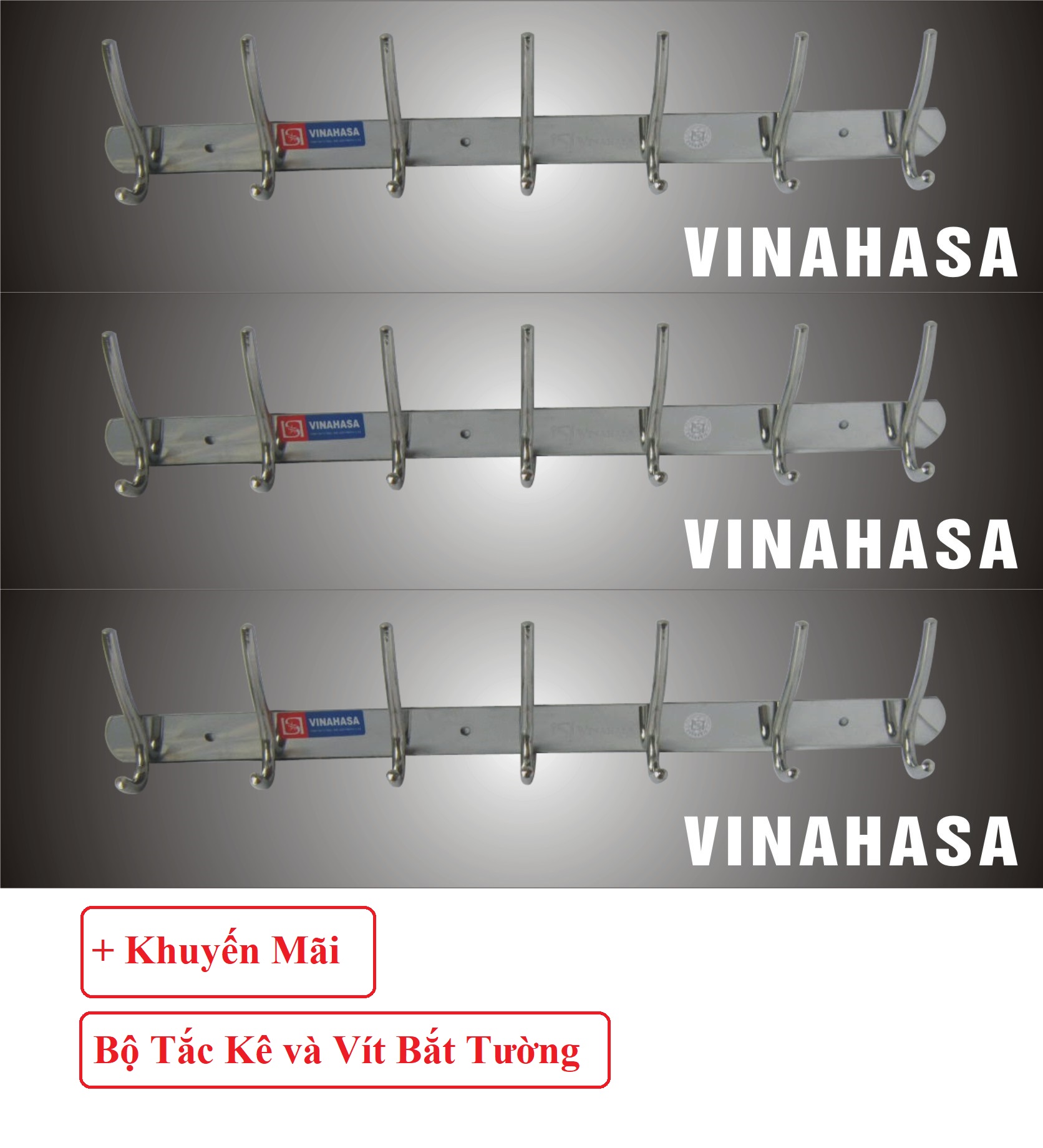 Bộ 3 Móc treo quần áo inox gắn tường Vinahasa MH211 7 Móc Kép Siêu Bền – Siêu chắc Chịu tải 15kg (Tặng bộ vít nở - bảo hành 12 tháng – 1 đổi 1 trong vòng 7 ngày)