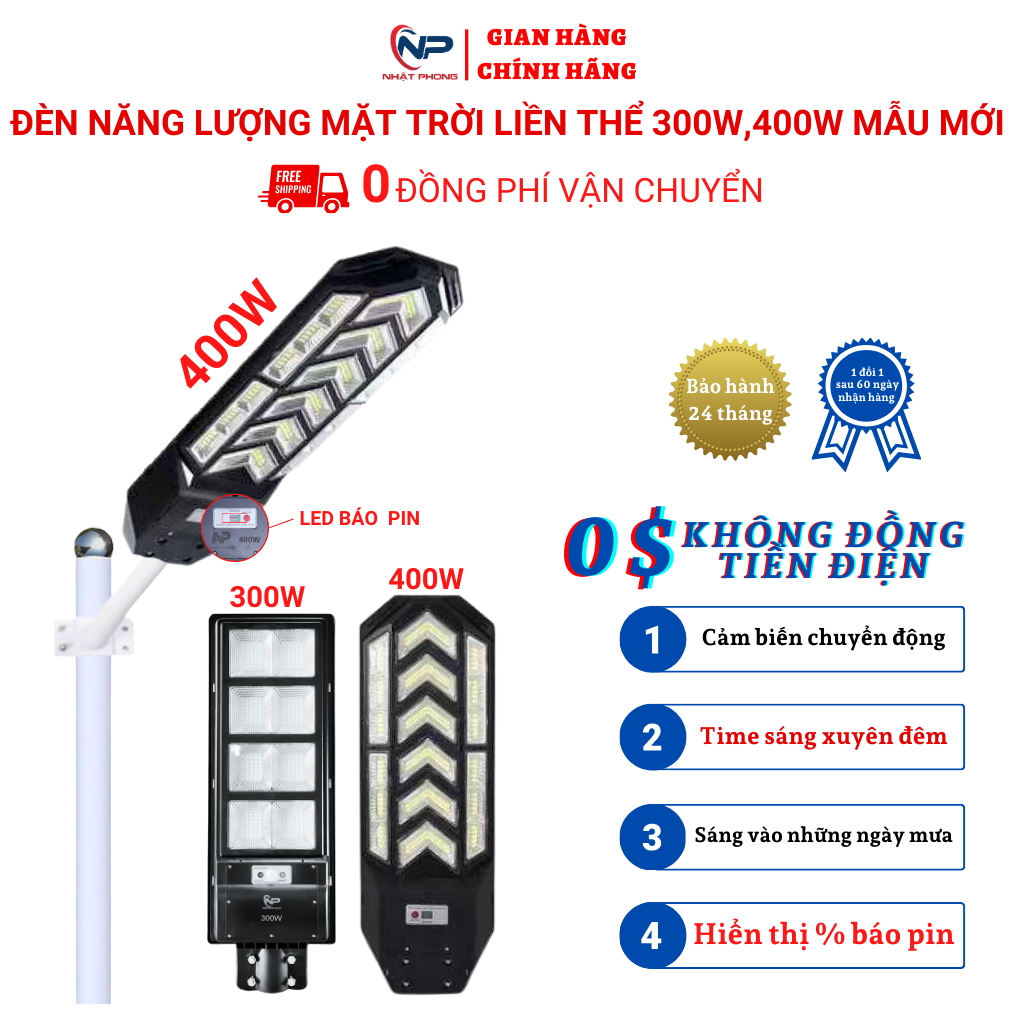 Đèn led Năng Lượng Mặt Trời ,đèn năng lượng mặt trời ngoài sân  NHẬT PHONG SOLAR đèn đường liền thế 200W,300W,400W,500W, Cảm Biến Chuyển Động, Pin Liền Đèn Chống Nước IP65 bảo hành 2 năm, quà 2 cuộn băng điện